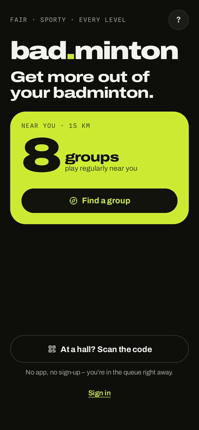 minton start screen: groups near you and a button to scan the hall code