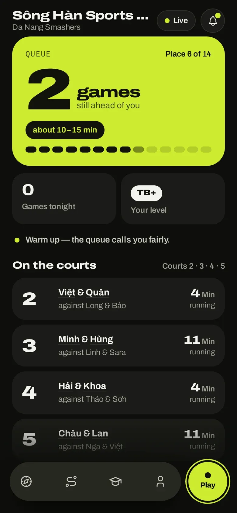 minton queue: two games ahead of you, place 6 of 14, courts in play