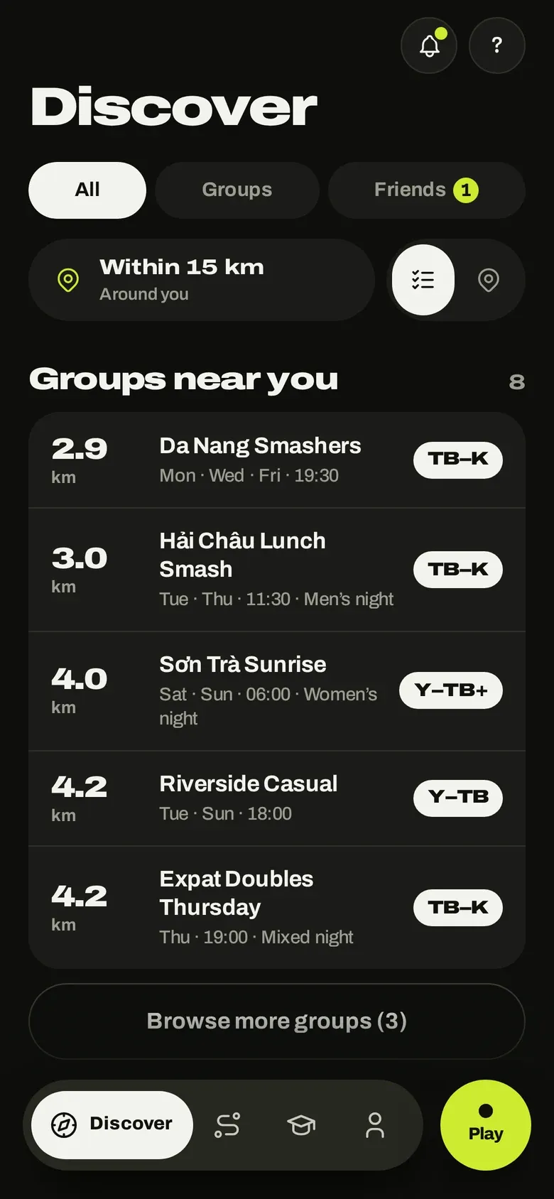 minton Discover: groups near you within 15 km with distance and level