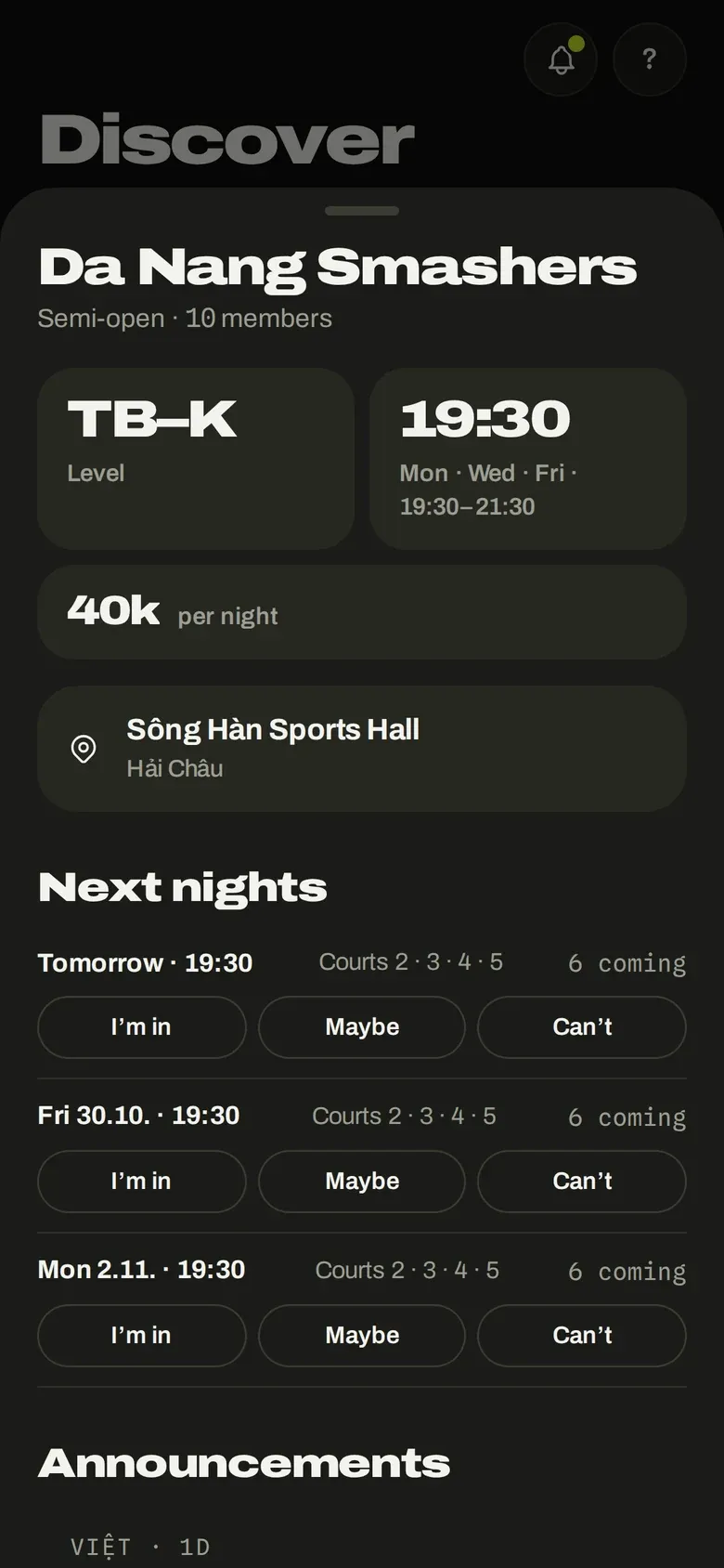 minton group page with level, venue and next nights