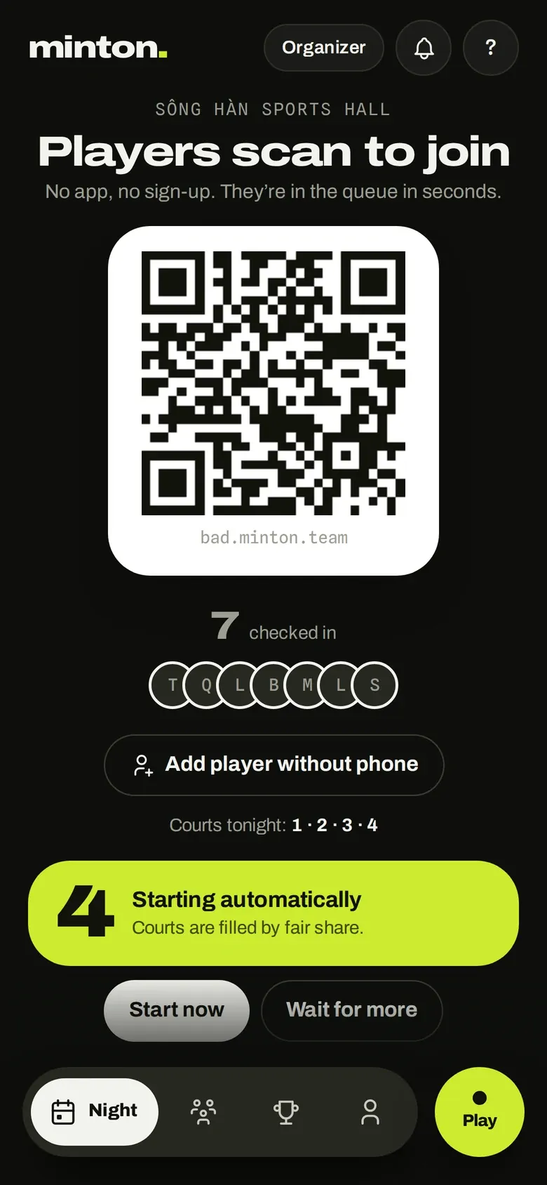 minton organizer: QR code for players to join, seven checked in