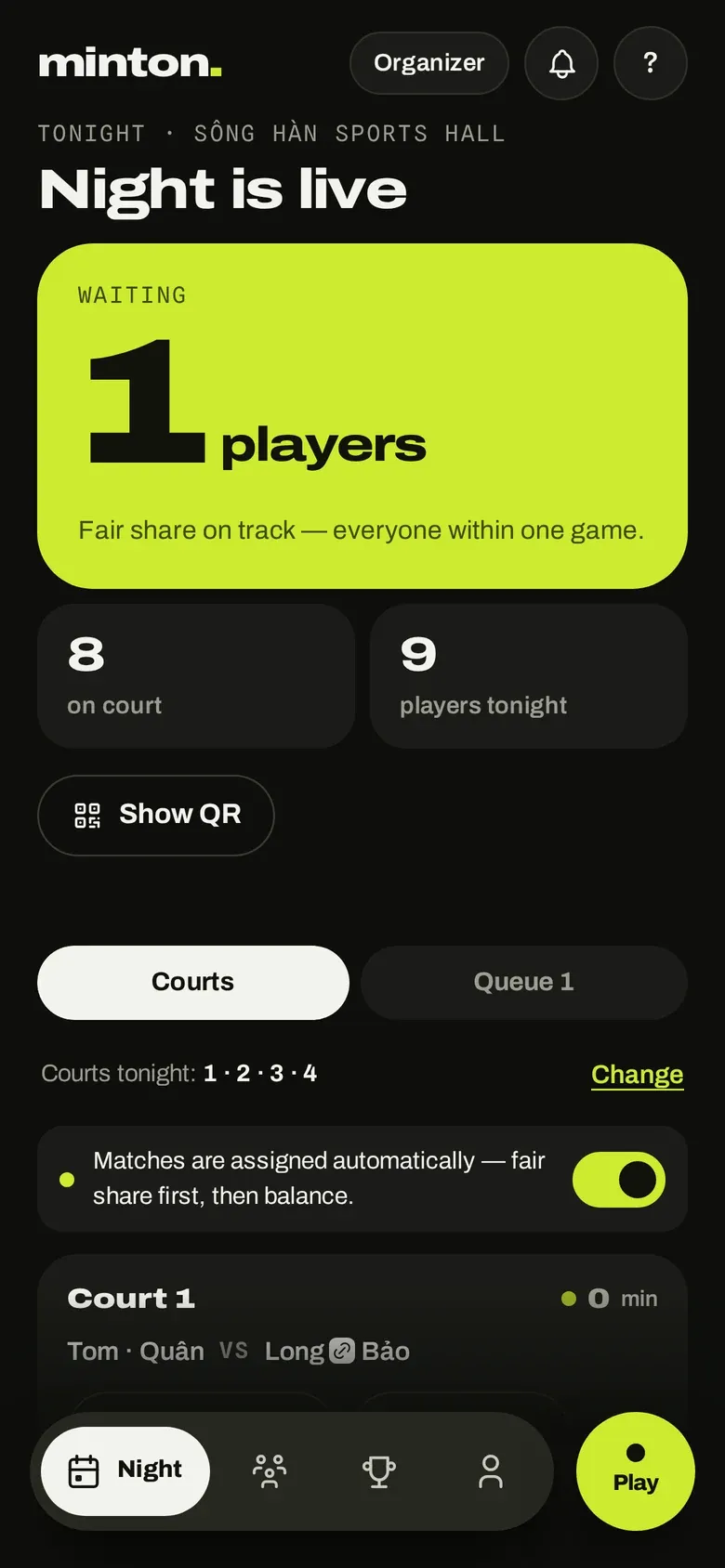 minton organizer: night is live, players waiting, courts and queue
